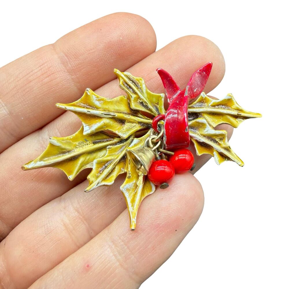 Vintage Jewelry Enamel Holly Brooch Mistletoe Pin